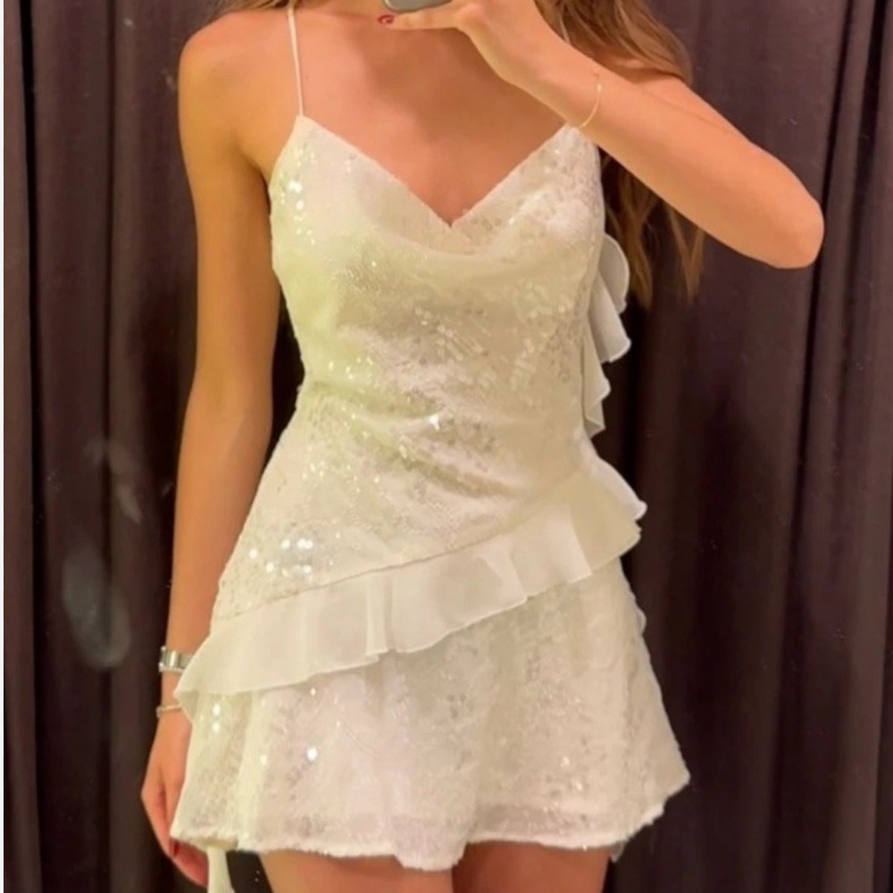 Zara White Sequin Ruffle Mini Dress